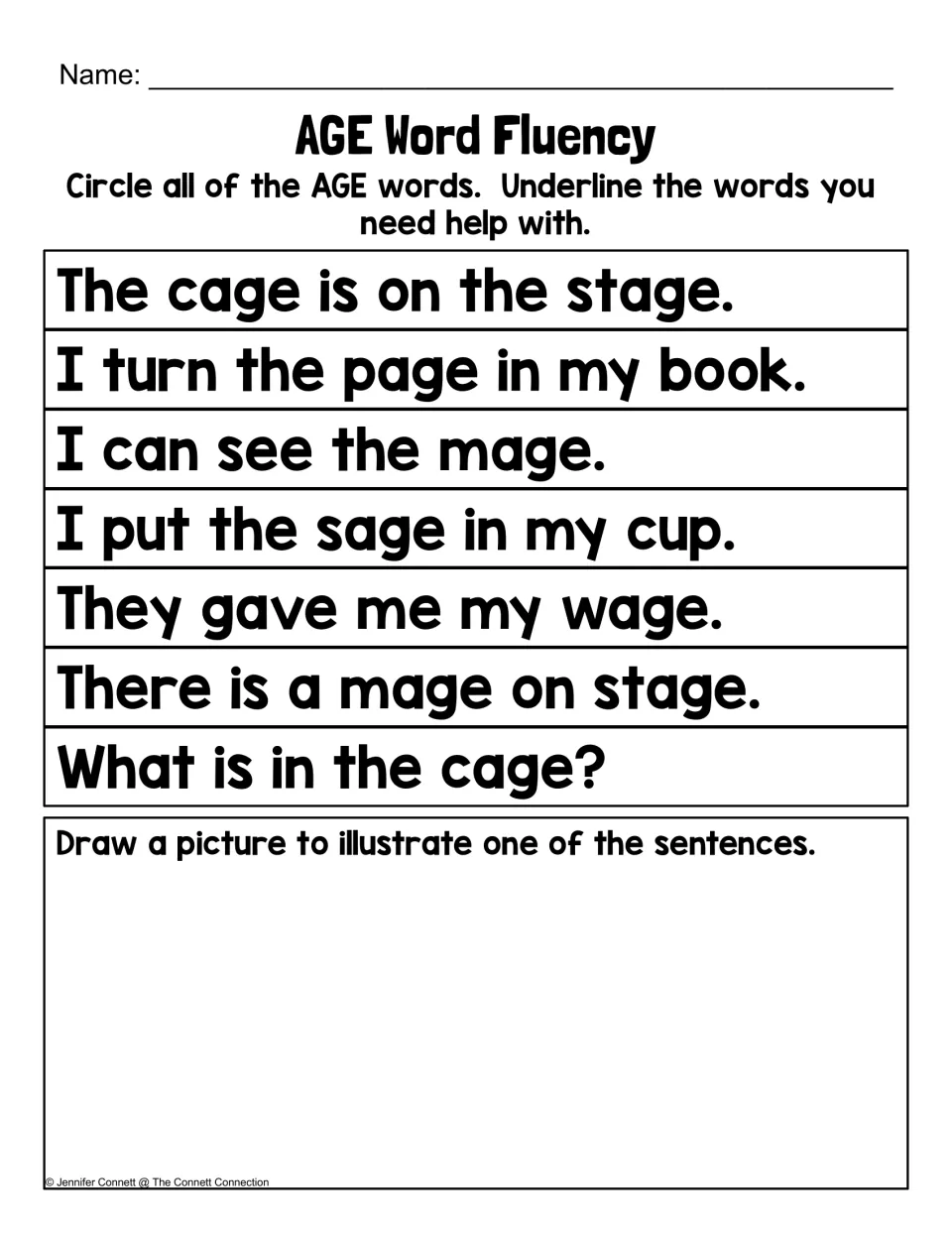 AGE sentence fluency practice asks students to circle AGE words, underline words needing help, and draw.