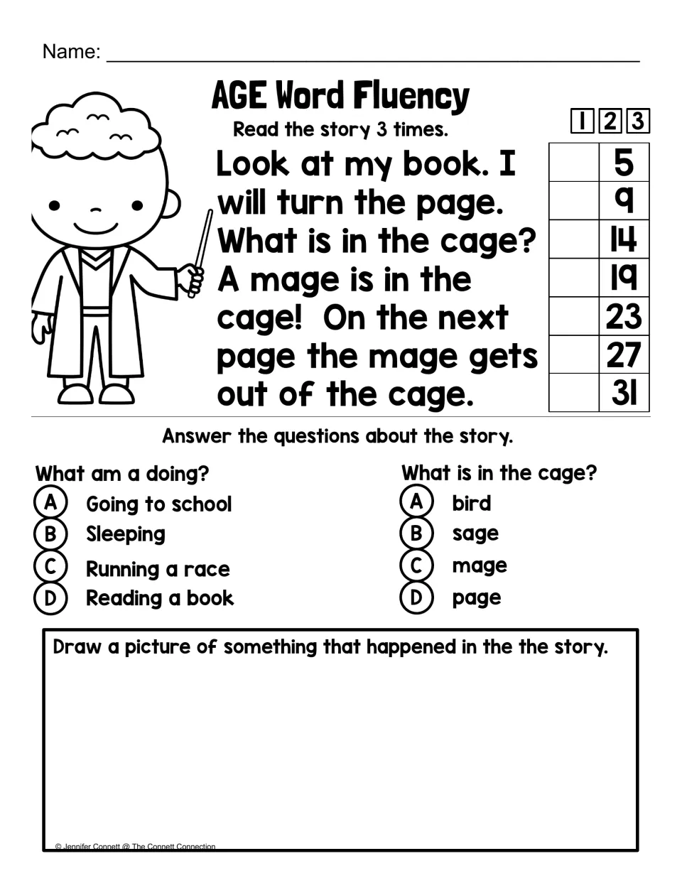 AGE story about a mage escaping a cage includes three readings, two comprehension questions, and drawing.