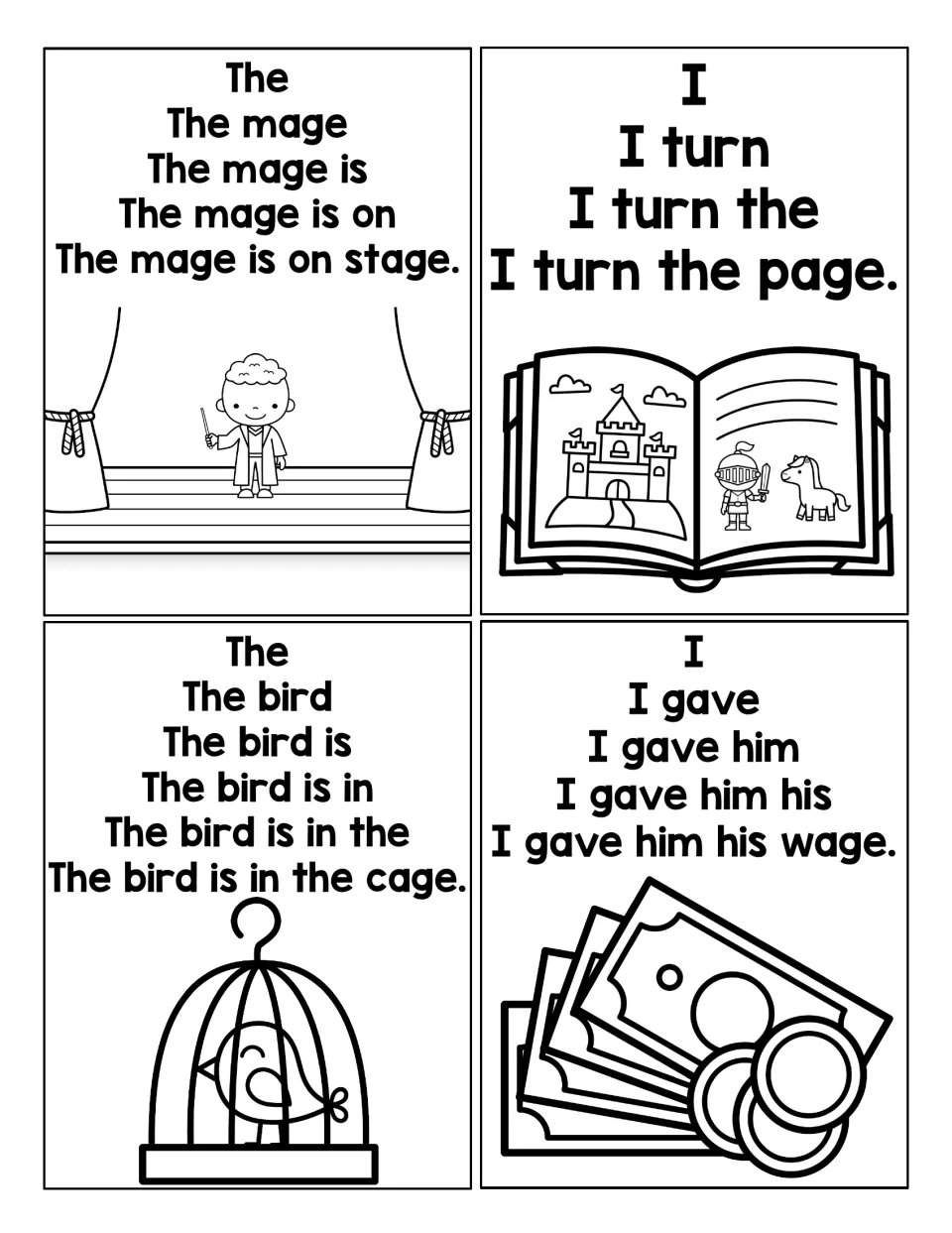 Sentence pyramids 1–4 build sentences about a mage on stage, turning a page, a caged bird, and paying wages.