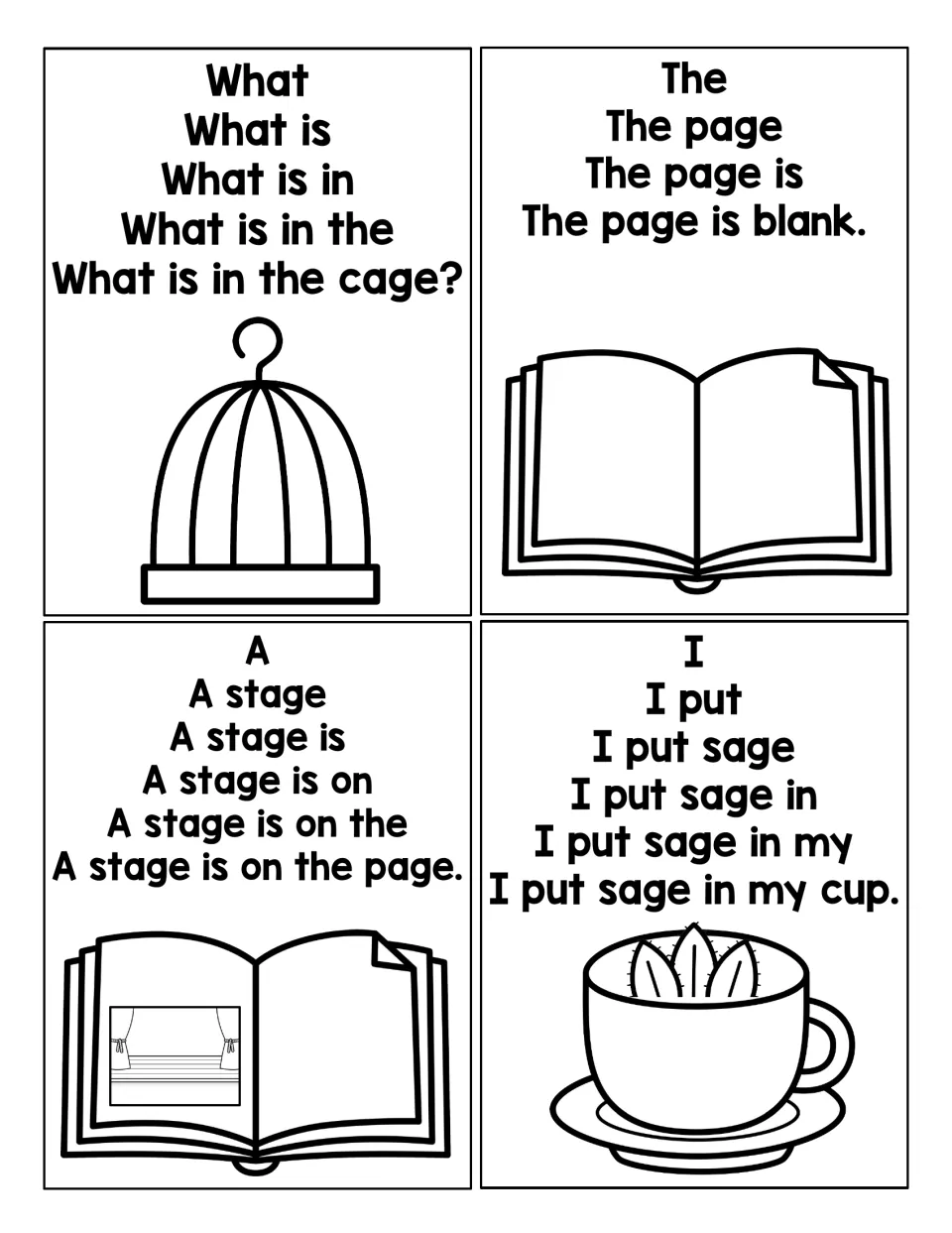 Sentence pyramids 5–8 build sentences about an empty cage, a blank page, a stage on a page, and sage in a cup.