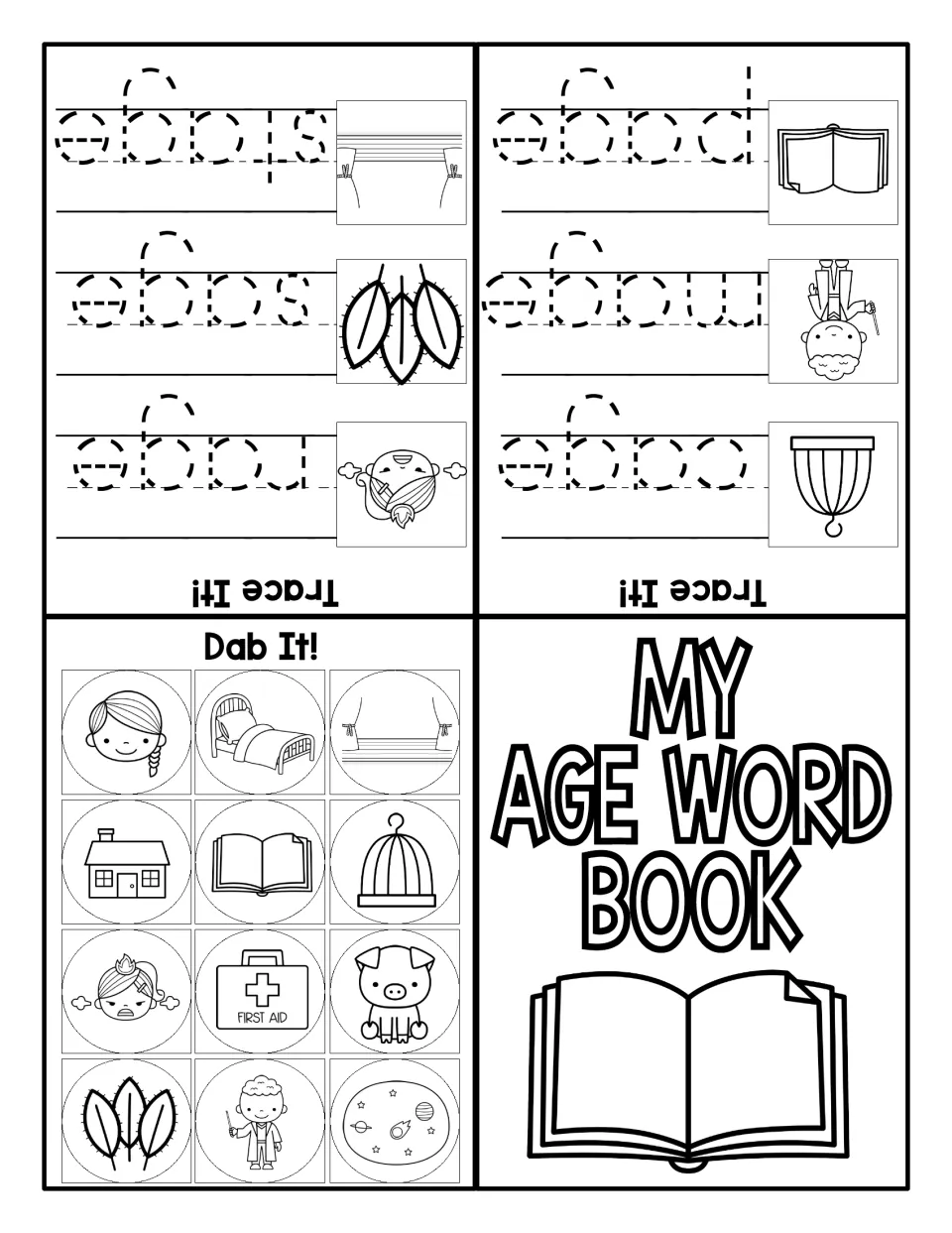 My AGE Word Book foldable: students dab -age word pictures, then trace stage, sage, rage, page, mage and cage