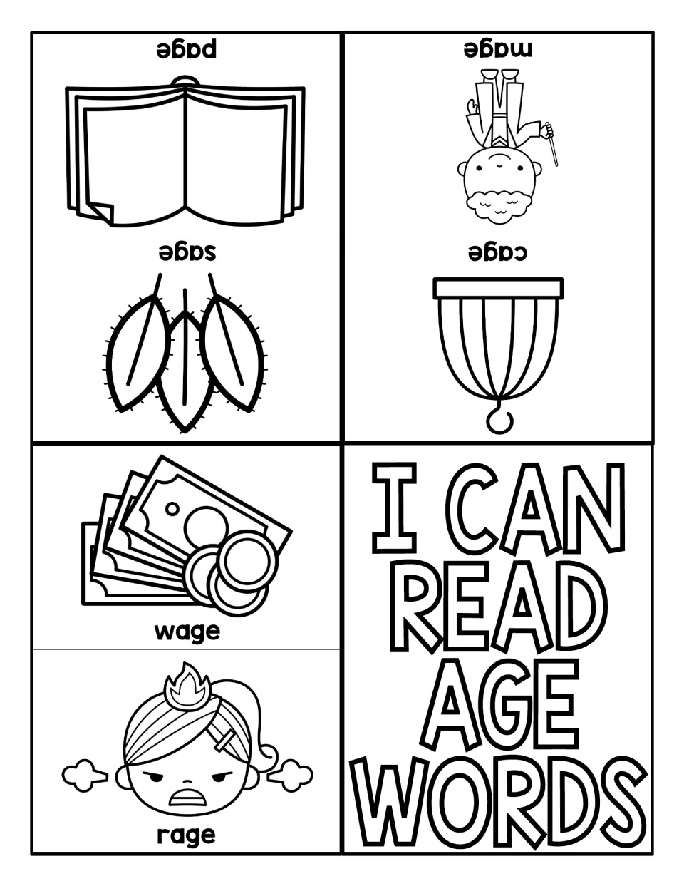 I Can Read AGE Words foldable: picture panels labeled page, mage, sage, cage, wage and rage for reading -age words