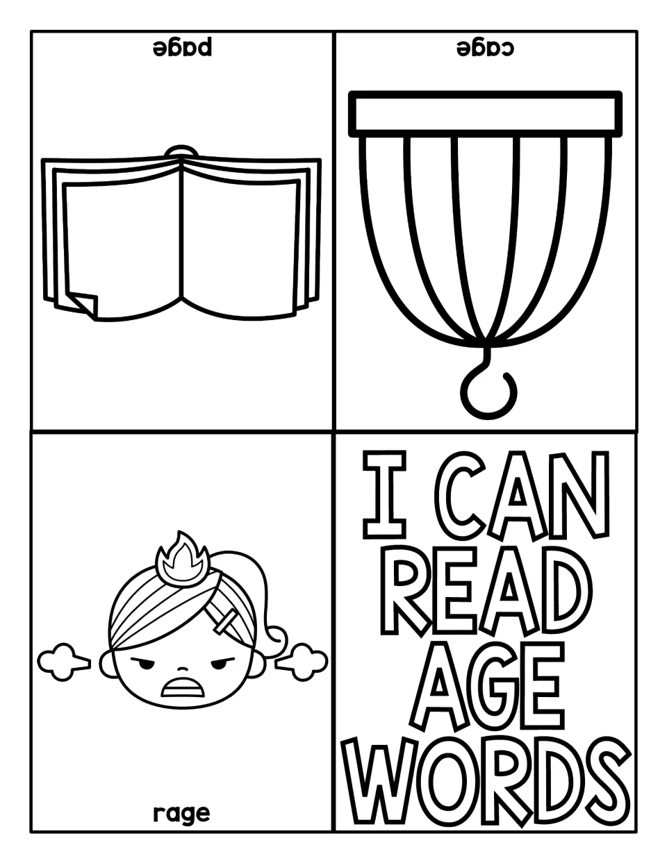 I Can Read AGE Words booklet with larger pictures labeled page, cage and rage for decoding -age family words