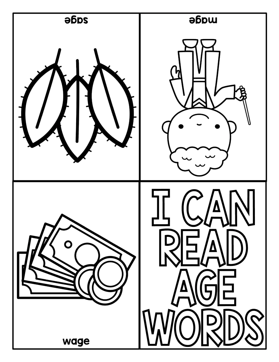 I Can Read AGE Words booklet showing sage leaves, a mage and money labeled sage, mage and wage to read aloud