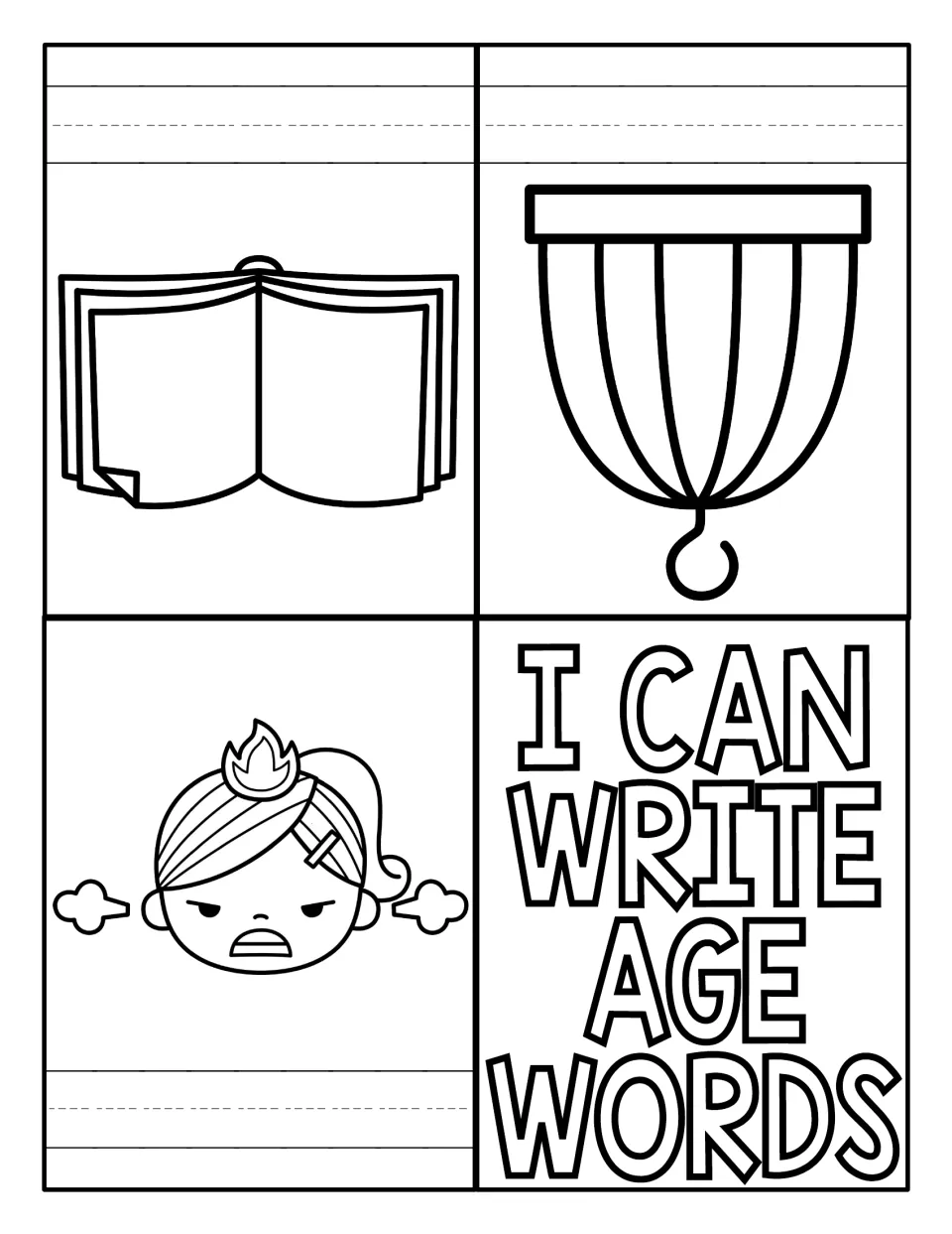 I Can Write AGE Words booklet: students write the -age word under pictures of a book, a birdcage and an angry girl