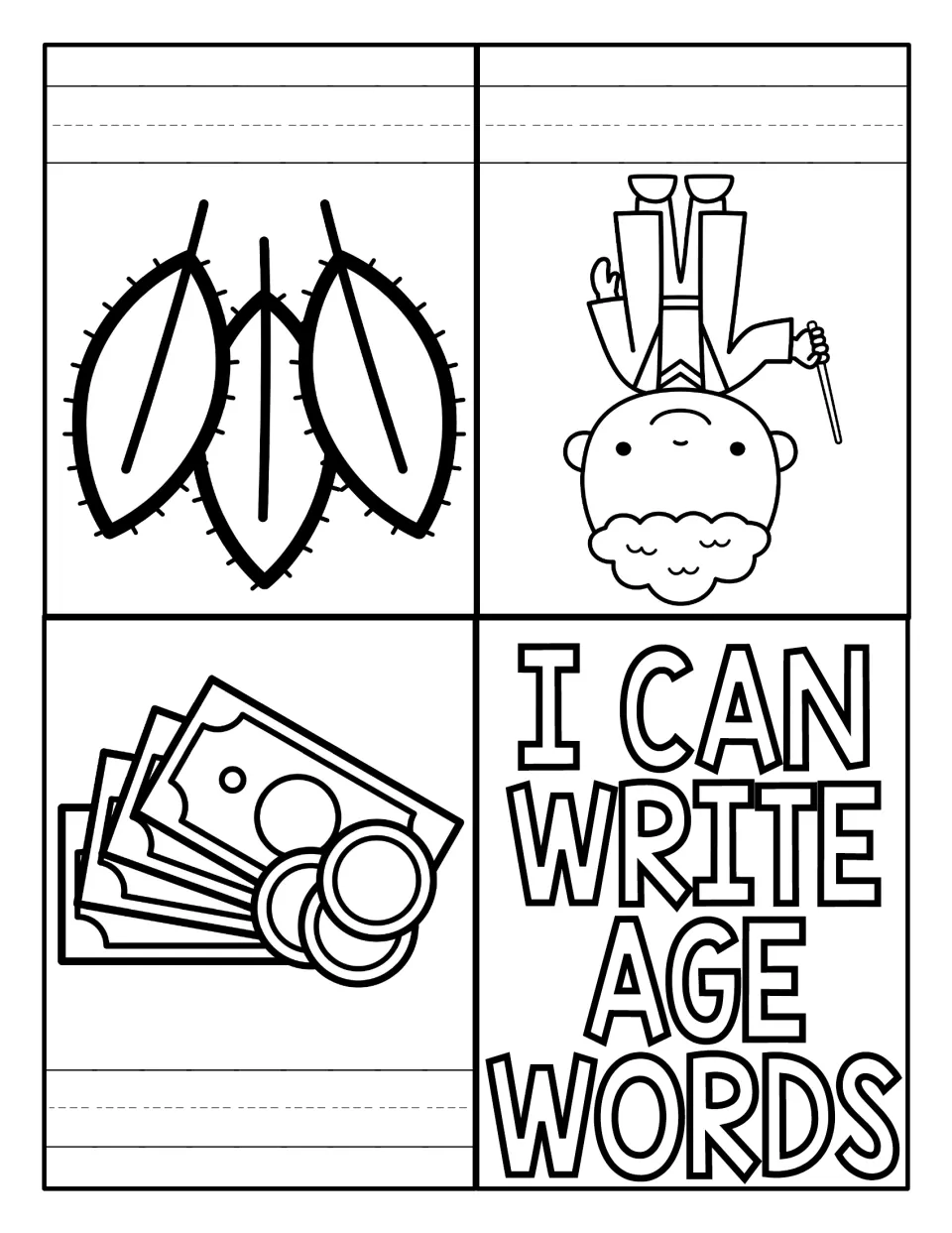 I Can Write AGE Words booklet: students write sage, mage and wage beneath pictures of leaves, a wizard and money