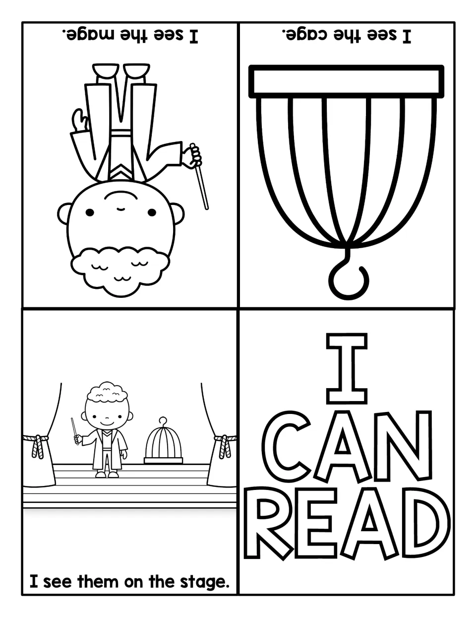 I Can Read booklet of decodable -age sentences: I see the mage. I see the cage. I see them on the stage.