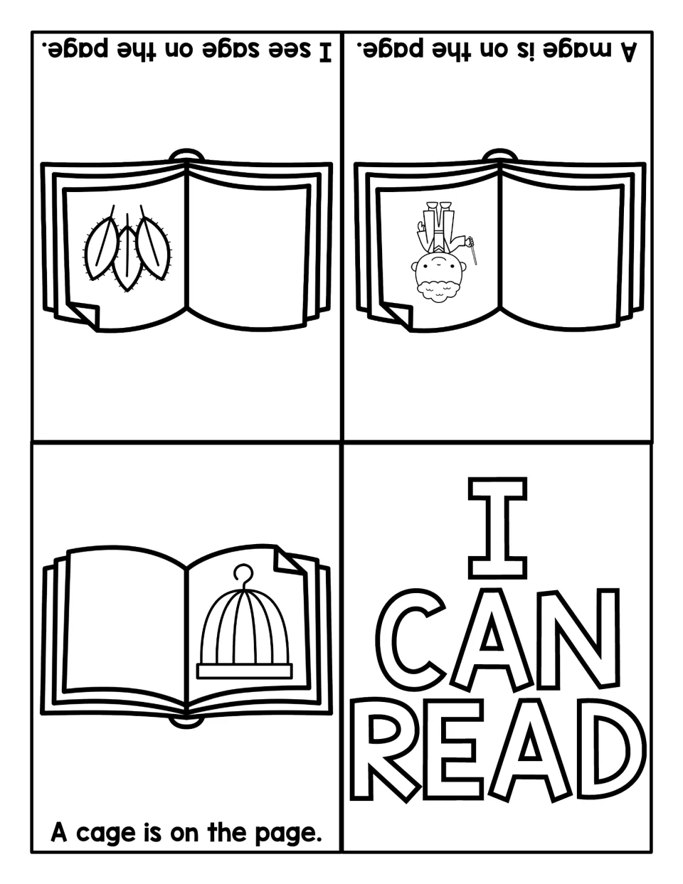 I Can Read booklet of -age sentences to read: A cage is on the page. A mage is on the page. I see sage on the page.