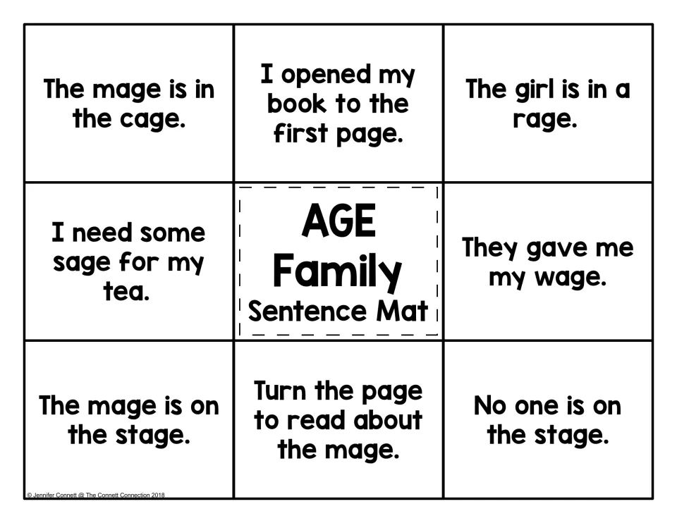 Eight-sentence AGE matching mat using mage, cage, page, rage, sage, wage, and stage in reading practice
