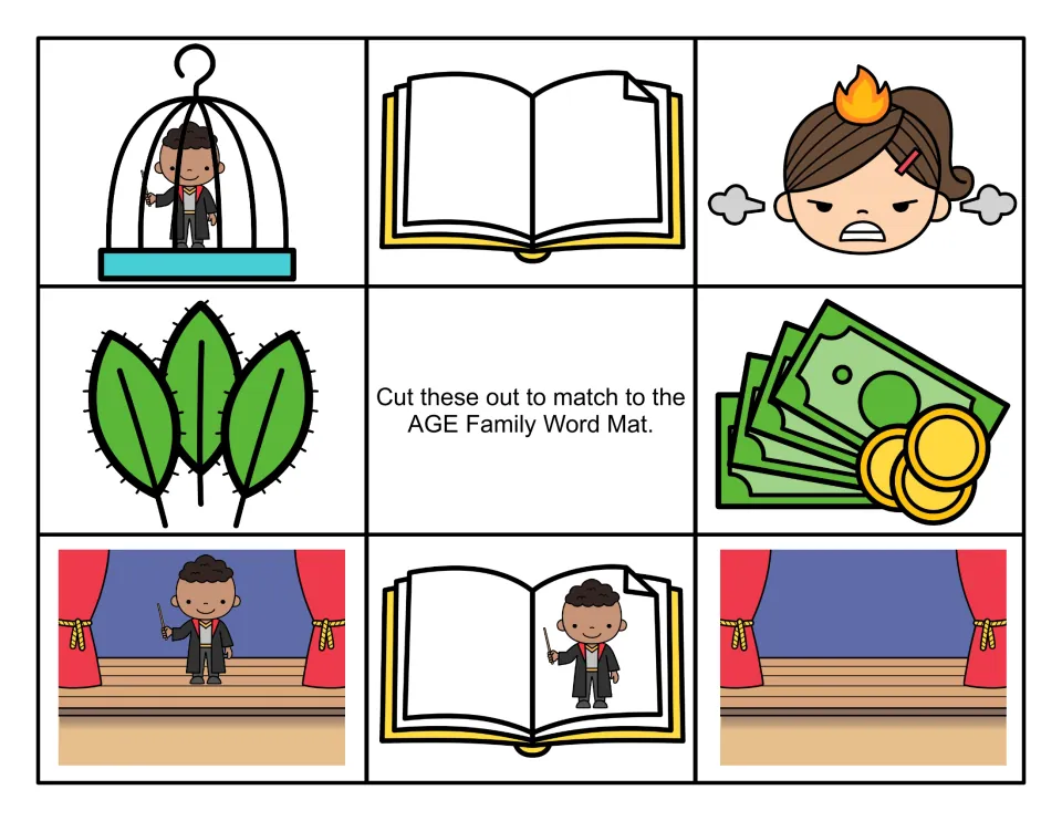 Eight color picture cards for AGE sentence matching: a caged mage, book, angry girl, sage, and four more