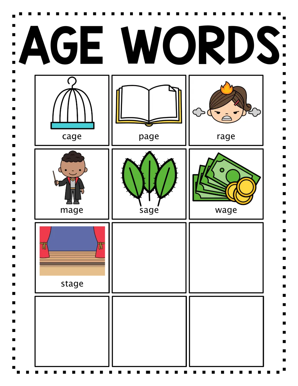 Color AGE word poster showing labeled pictures for cage, page, rage, mage, sage, wage, and stage.
