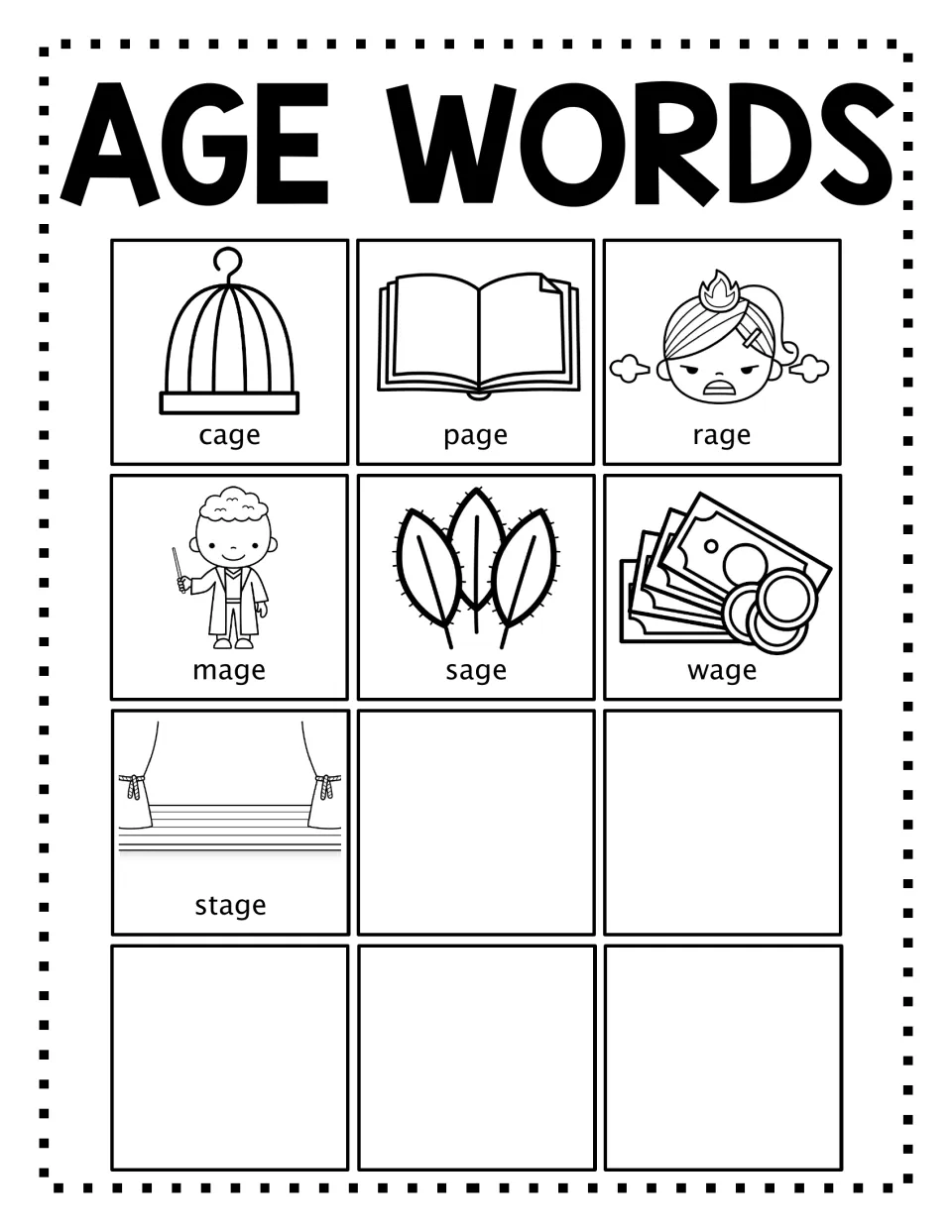 Black-and-white AGE word poster showing pictures for cage, page, rage, mage, sage, wage, and stage.