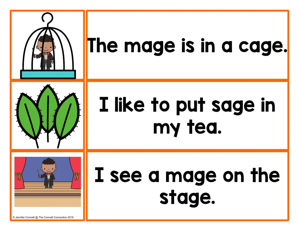 -age word matching: students pair pictures of a mage in a cage, sage leaves and a mage on stage with their sentences