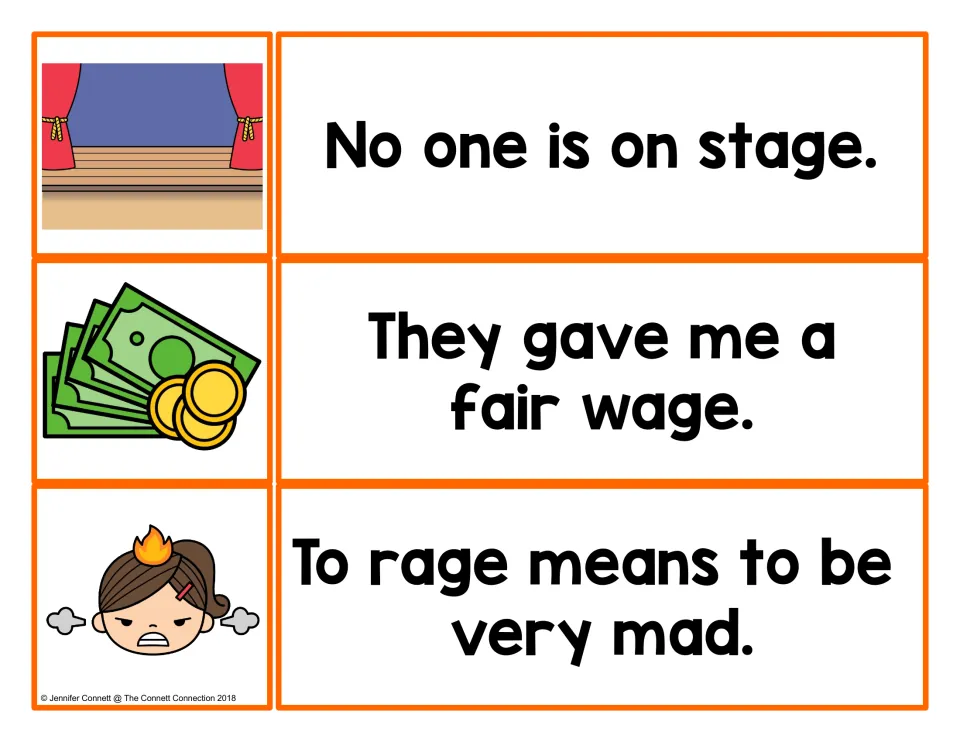 -age sentence cards: students match an empty stage, paper money and coins, and an angry girl to stage, wage and rage lines