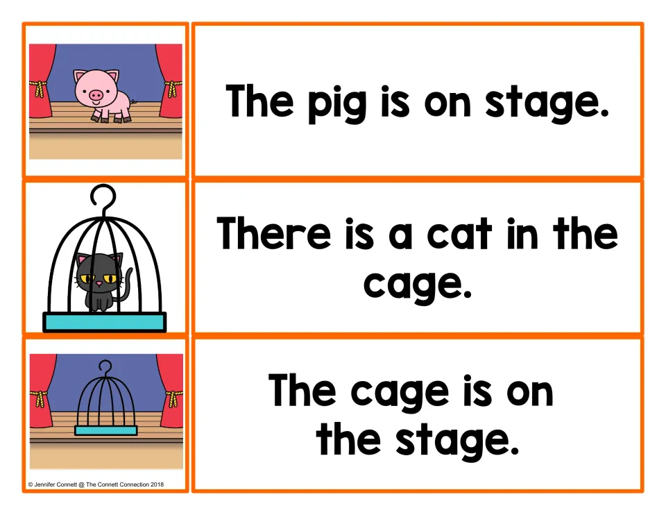-age reading cards: students match a pig on stage, a black cat in a cage and a cage on a stage to the sentence for each