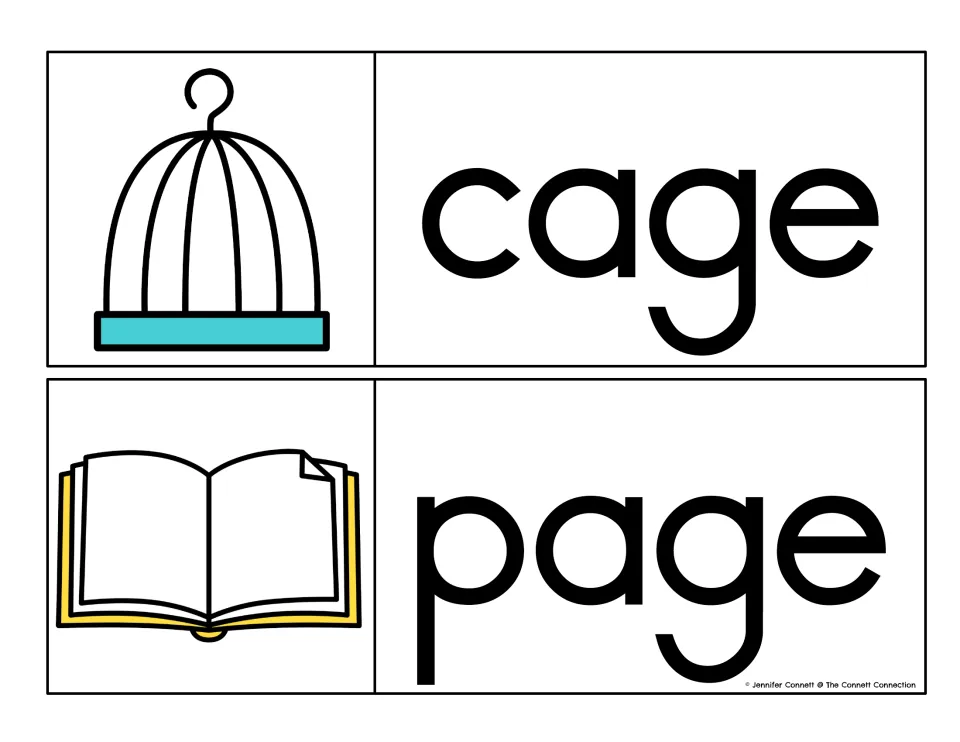 -age word family cards: cage with a birdcage picture and page with an open book, in plain black print for word reading