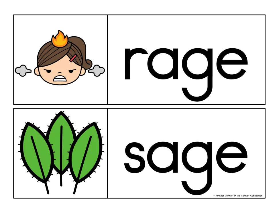 -age word family cards for rage, shown by an angry girl with flame and steam, and sage, shown by three green leaves