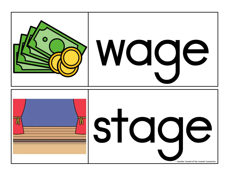 -age word family cards: wage pictured as bills and coins, and stage pictured with red curtains, black print for reading