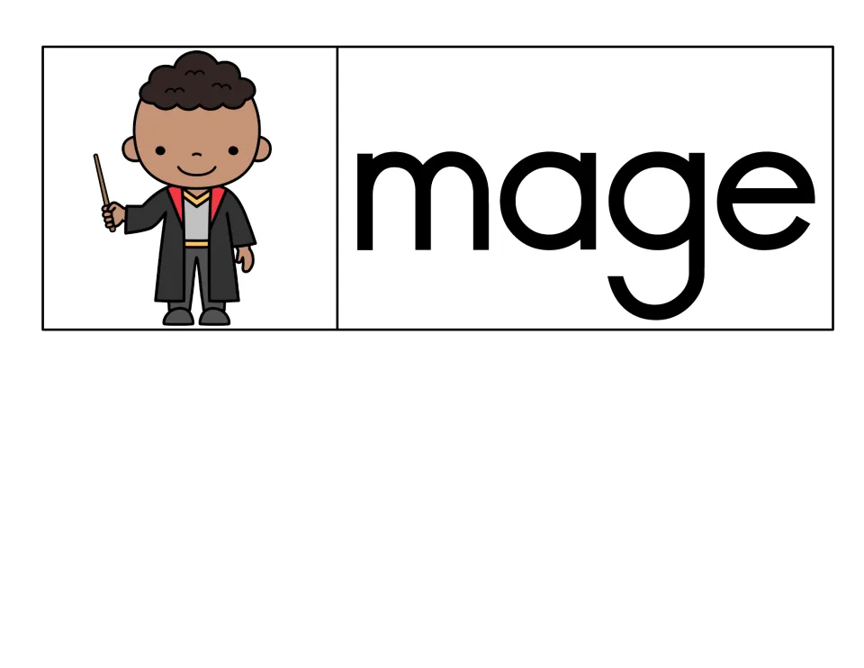 Single -age word family card: mage, pictured as a smiling child in a robe holding a wand, in black print for reading