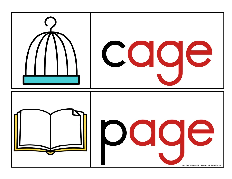 -age chunk highlighted in red: cage and page cards with birdcage and open-book pictures, onset letter left in black