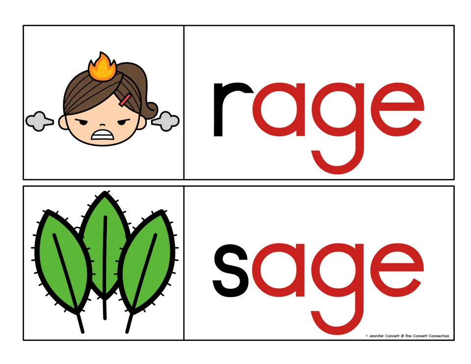 Rage and sage cards with the -age rime printed in red and the onsets r and s in black, matching angry girl and leaf art
