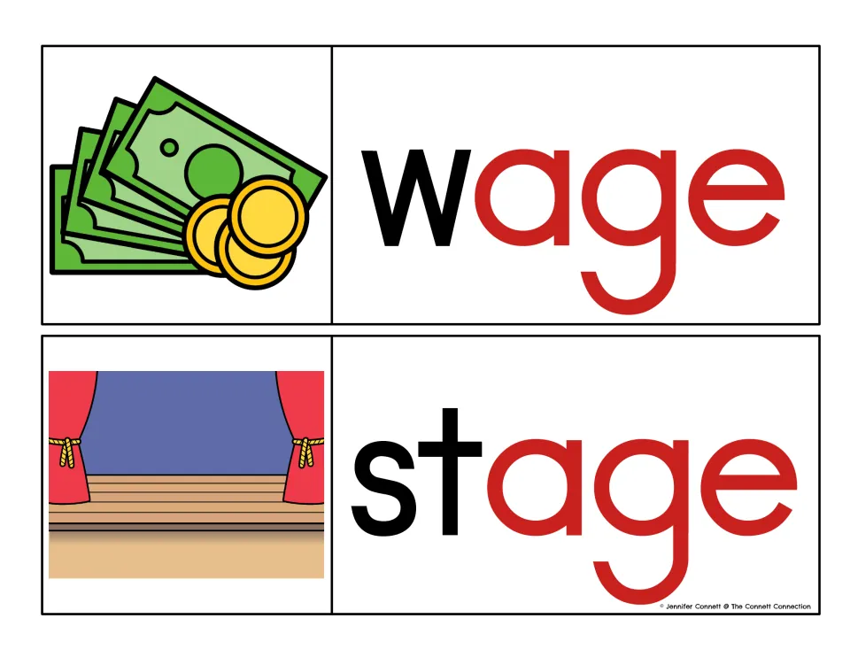 Wage and stage cards with -age in red and onsets w and st in black, paired with money and theater stage pictures