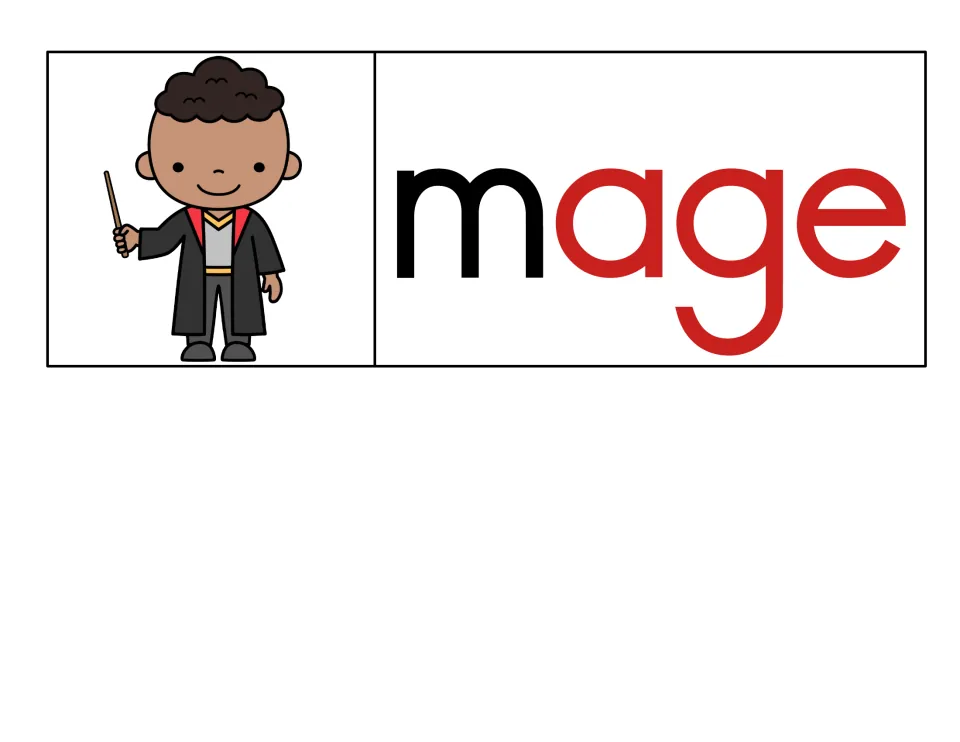 Mage card with the -age ending in red and m in black, beside a smiling wizard child holding a wand