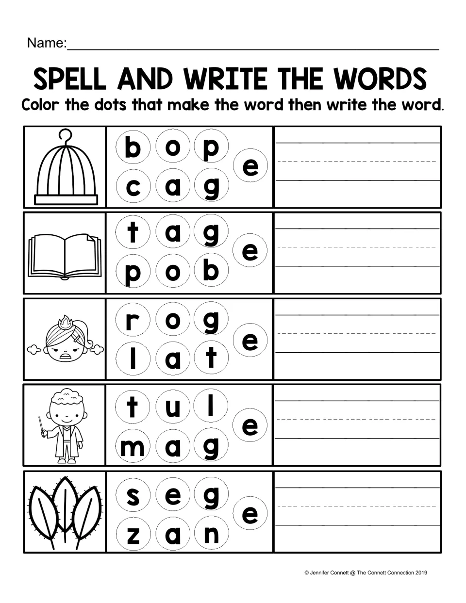 AGE spelling practice: color letter dots to spell cage, page, rage, mage, and sage, then write each word.