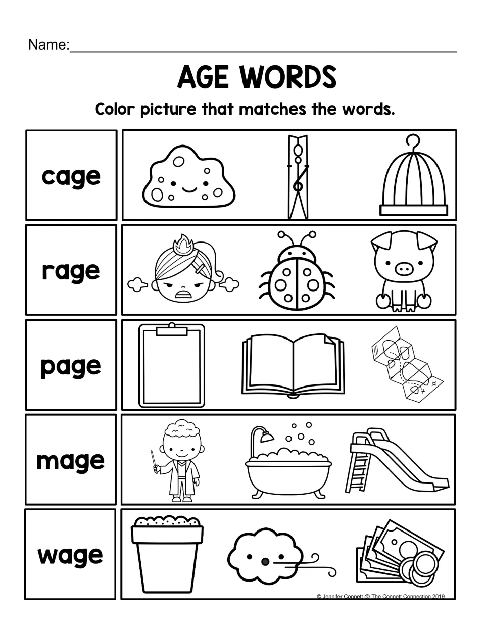 AGE picture matching: read cage, rage, page, mage, and wage, then color the matching picture in each set.
