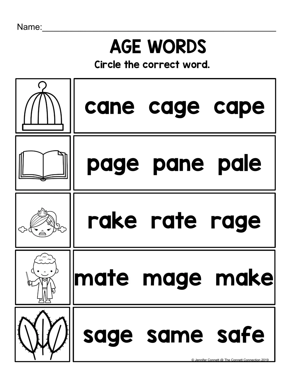 AGE word matching: use picture clues to circle cage, page, rage, mage, and sage among similar words.