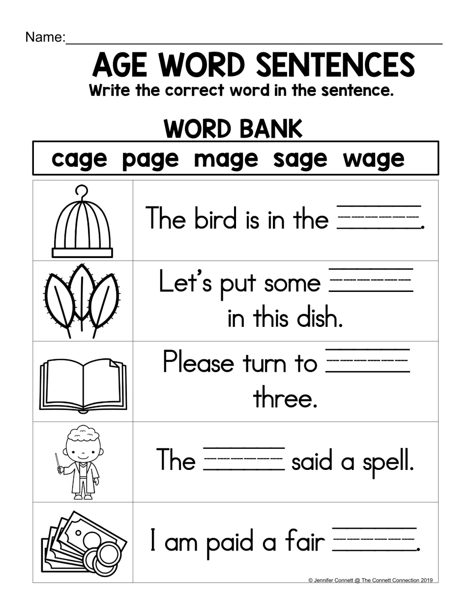 AGE sentence practice: use picture clues and the word bank cage, page, mage, sage, wage to fill five blanks.