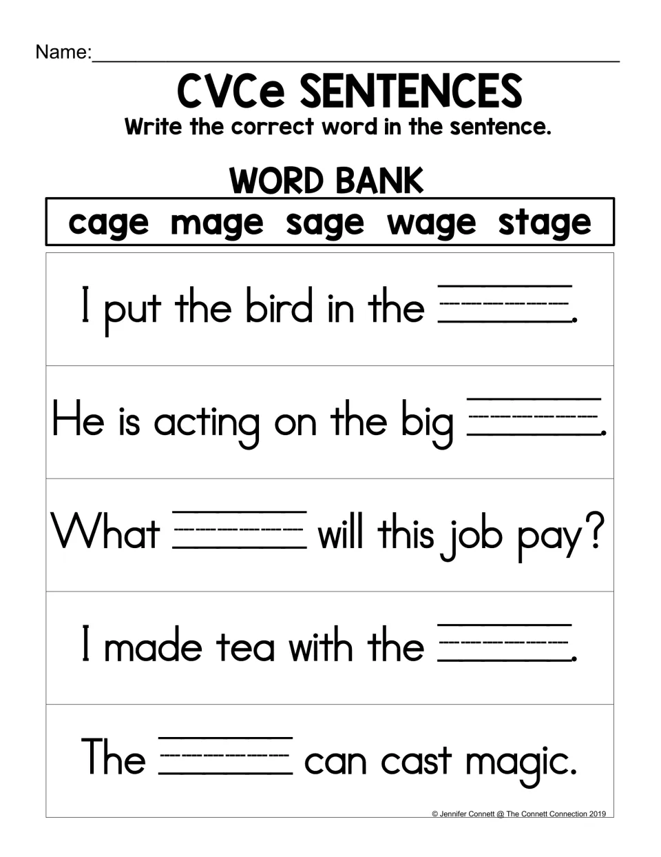 AGE sentence practice: fill five blanks using cage, mage, sage, wage, and stage from the word bank.