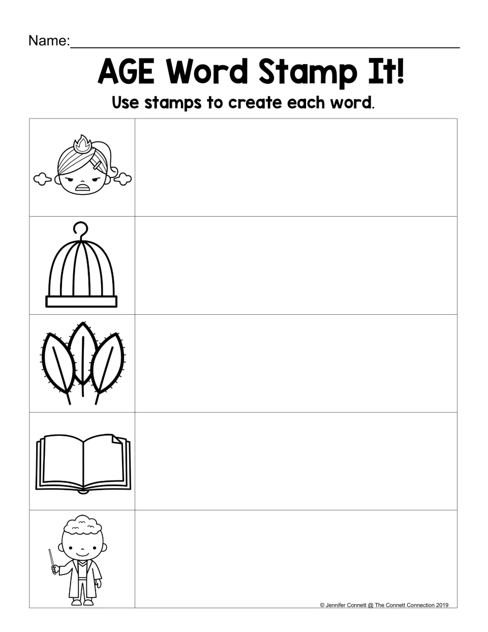 AGE word stamping practice: use letter stamps to spell rage, cage, sage, page, and mage from picture clues.