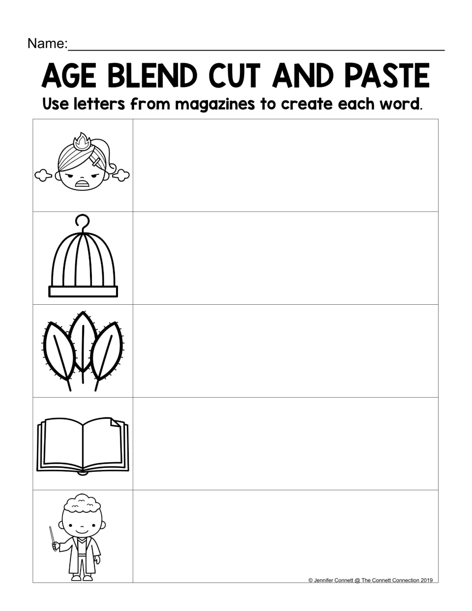 AGE cut-and-paste practice: use magazine letters to spell rage, cage, sage, page, and mage from pictures.