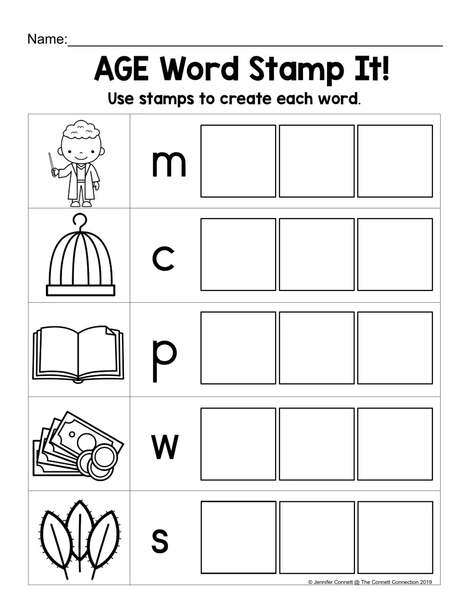 AGE word stamping practice: complete mage, cage, page, wage, and sage using pictures and starting letters.
