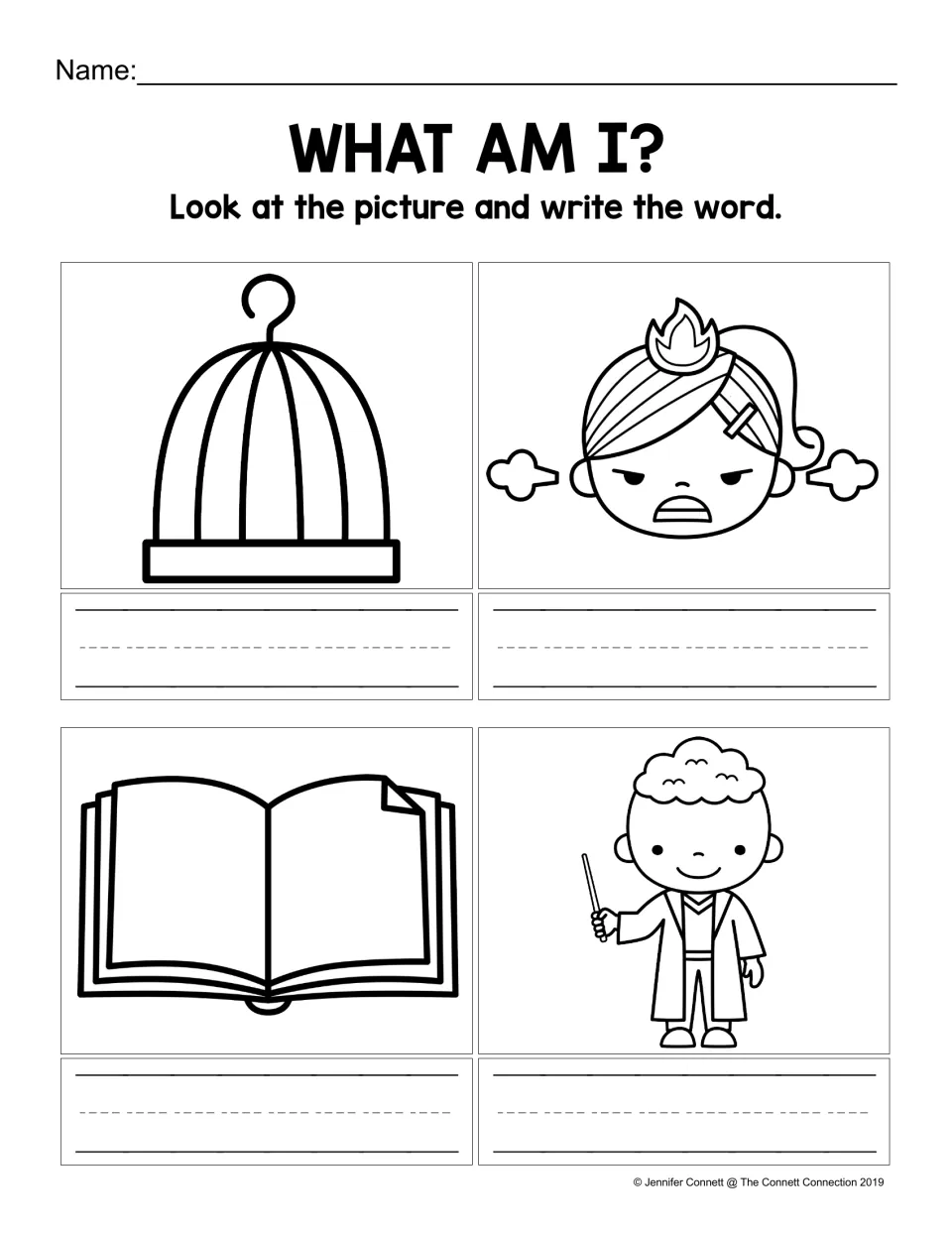 AGE picture naming practice: write cage, rage, page, and mage beneath the four matching picture clues.