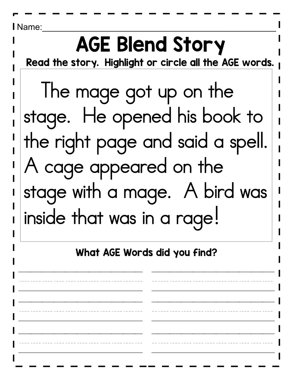 AGE story practice: read about a mage on a stage, circle or highlight AGE words, then write the words found.