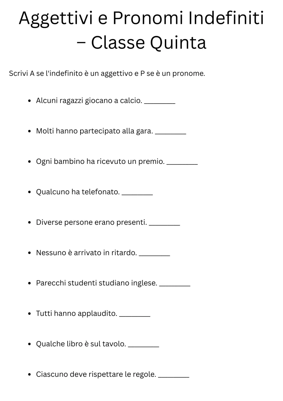 Italian indefinite words: students write A or P to label each of 10 sentences as using an adjective or a pronoun