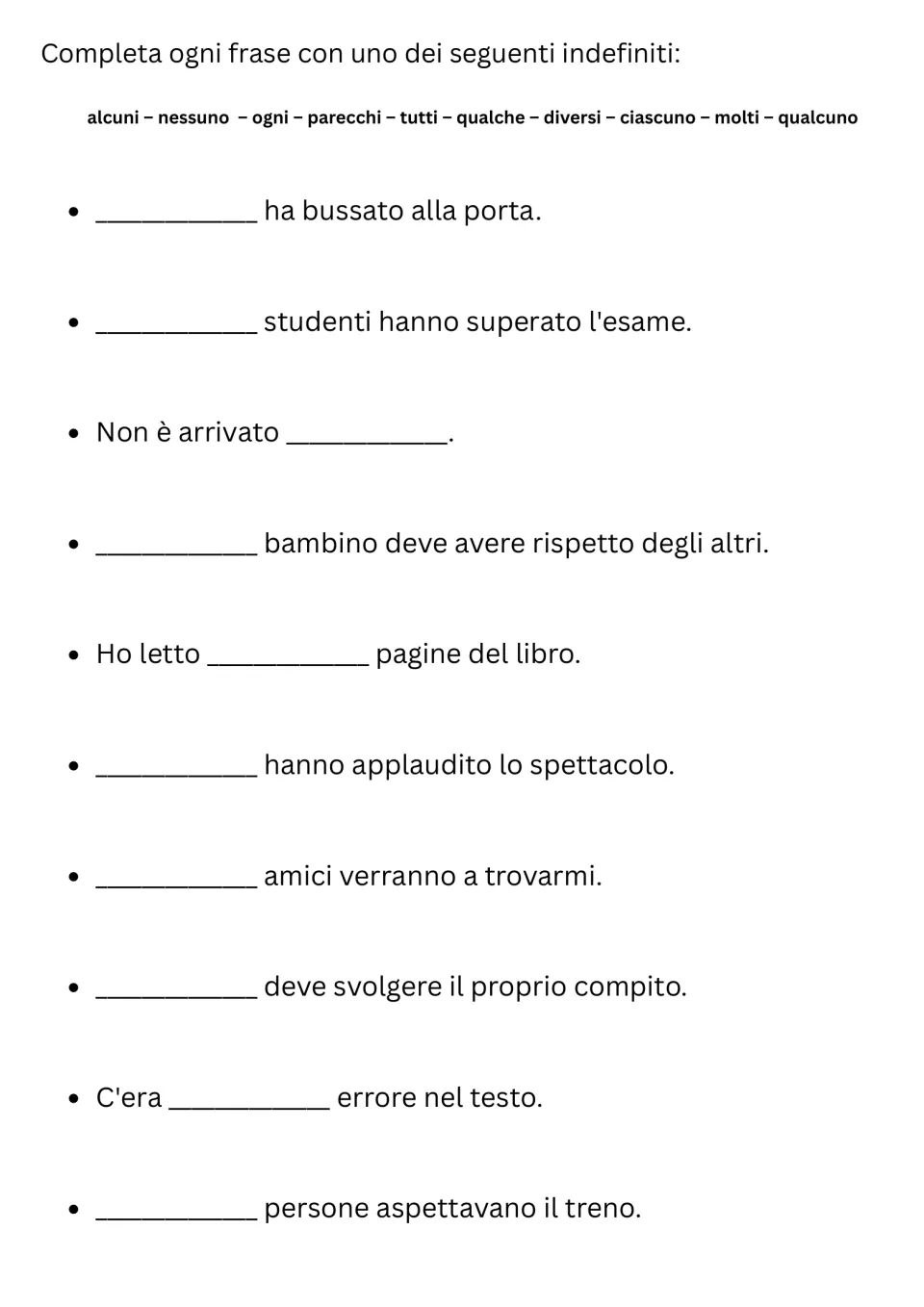 Italian indefinites cloze: students fill 10 sentence blanks from a 10-word bank such as alcuni, ogni, tutti, qualcuno