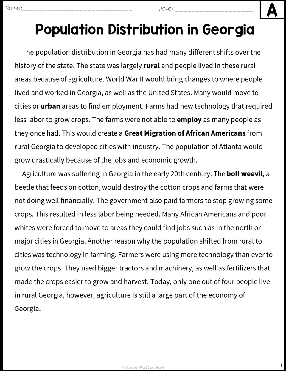 Version A reading passage on Georgia's rural-to-urban shift, the boll weevil, farm technology and the Great Migration
