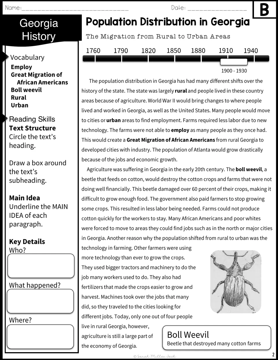 Version B passage on rural-to-urban migration with a 1760-1940 timeline, vocabulary list and text structure tasks