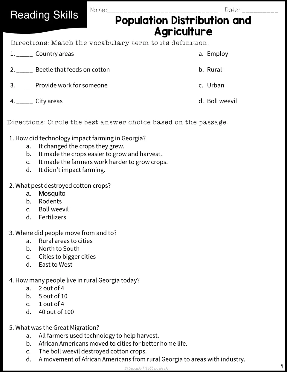 Vocabulary matching for rural, urban, employ and boll weevil, plus five multiple-choice questions on farming and migration