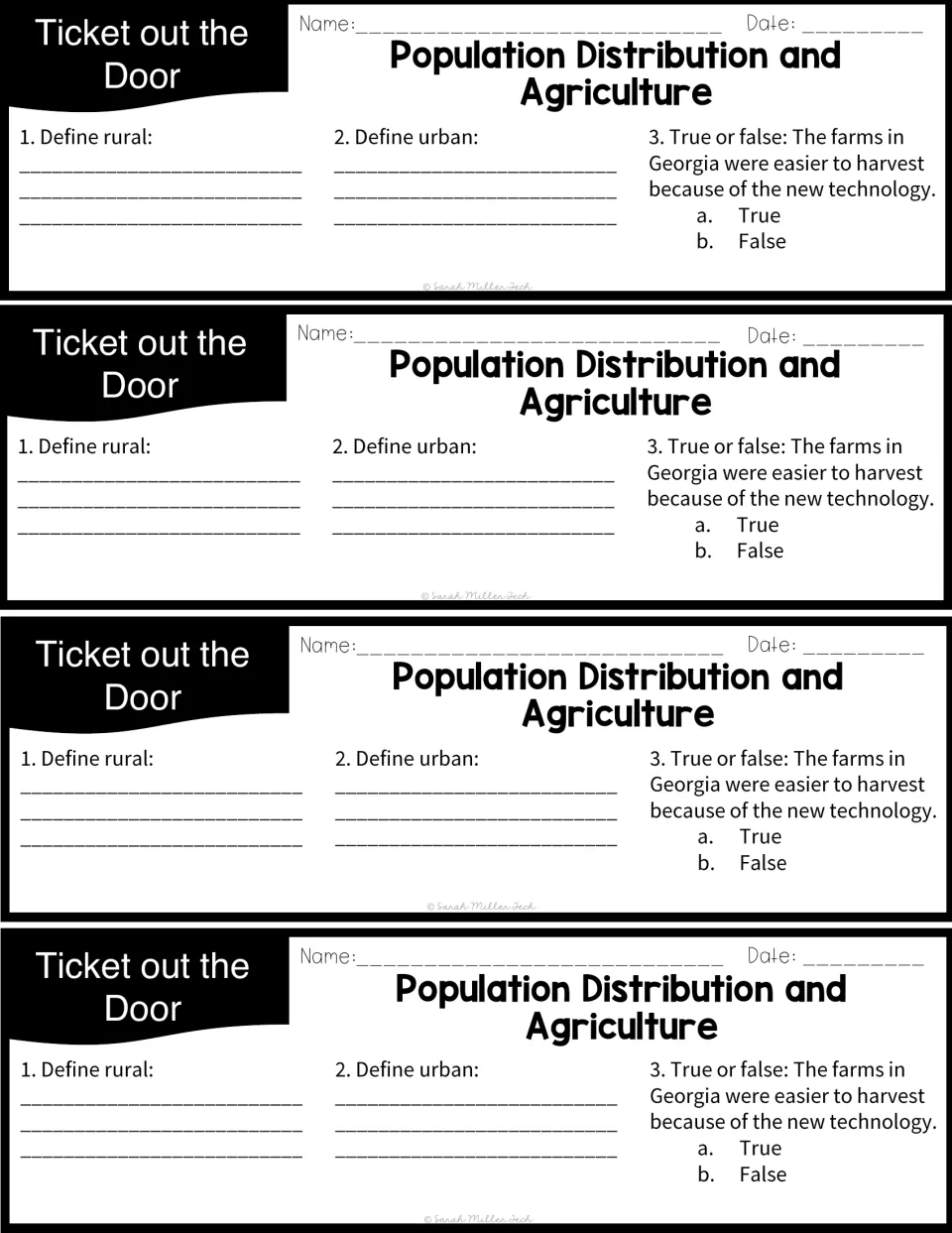 Four exit tickets: students define rural and urban and answer a true-or-false item on new farm technology