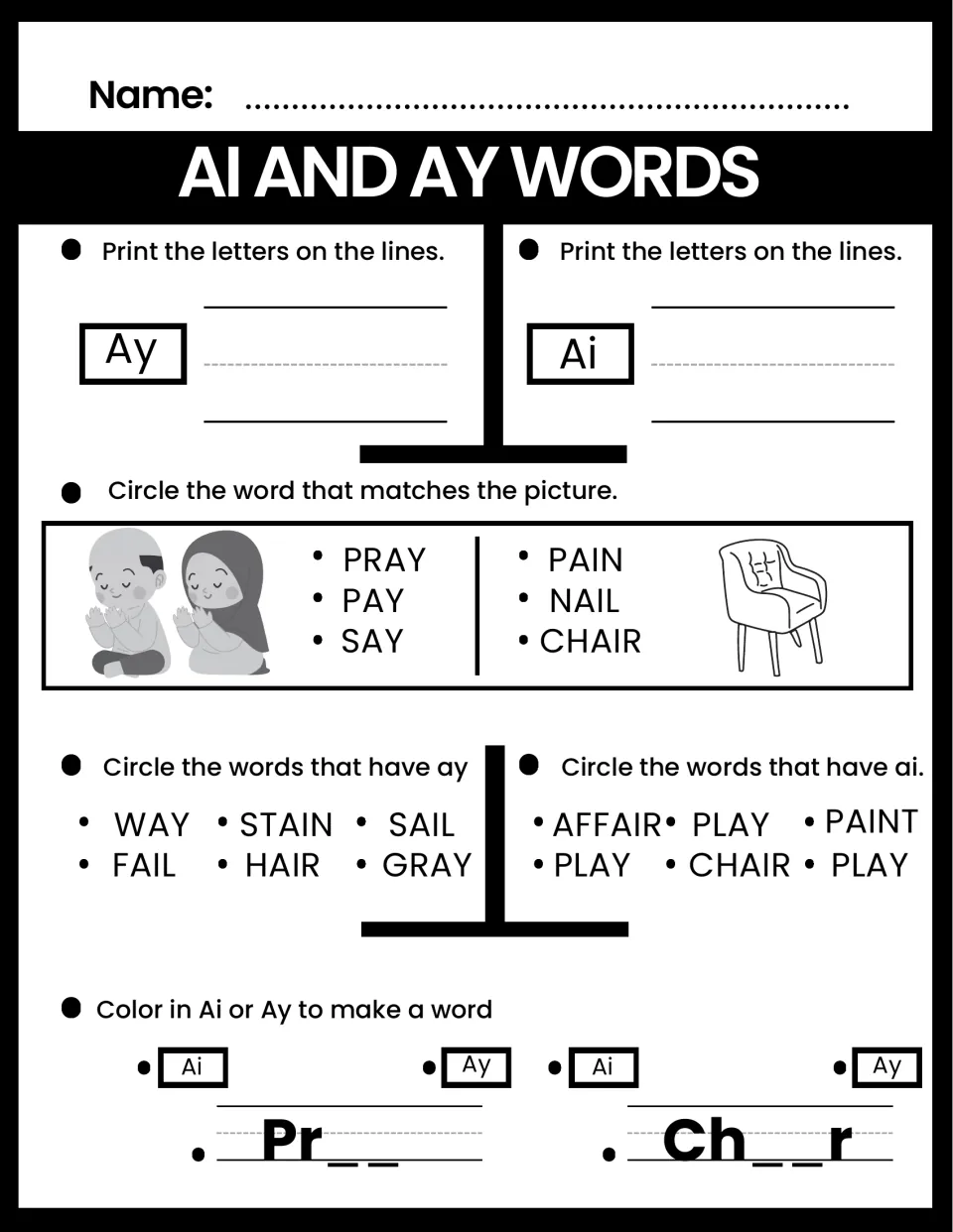 Ai and ay vowel teams: students match praying children and a chair, sort ai/ay words, then finish Pr__ and Ch__r