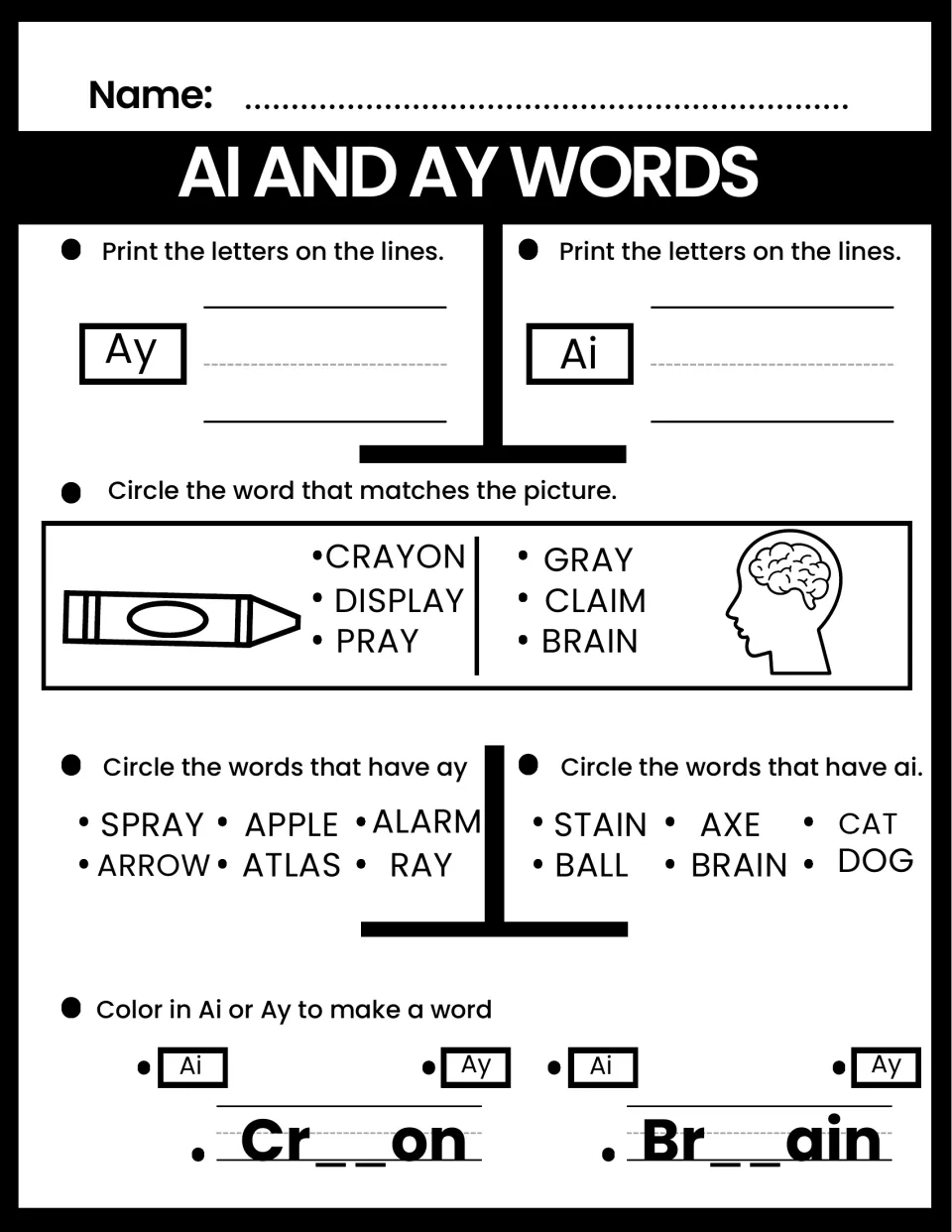 Ai and ay word practice: students match a crayon and a brain picture, find spray and ray in word lists, then complete Cr__on