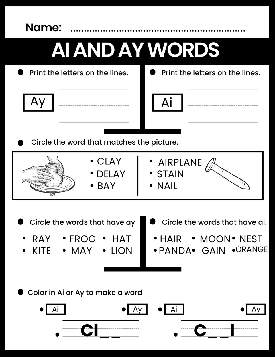 Long a vowel teams: students match a clay pot and a nail picture, pick ray, may, hair and gain, then fill in Cl__