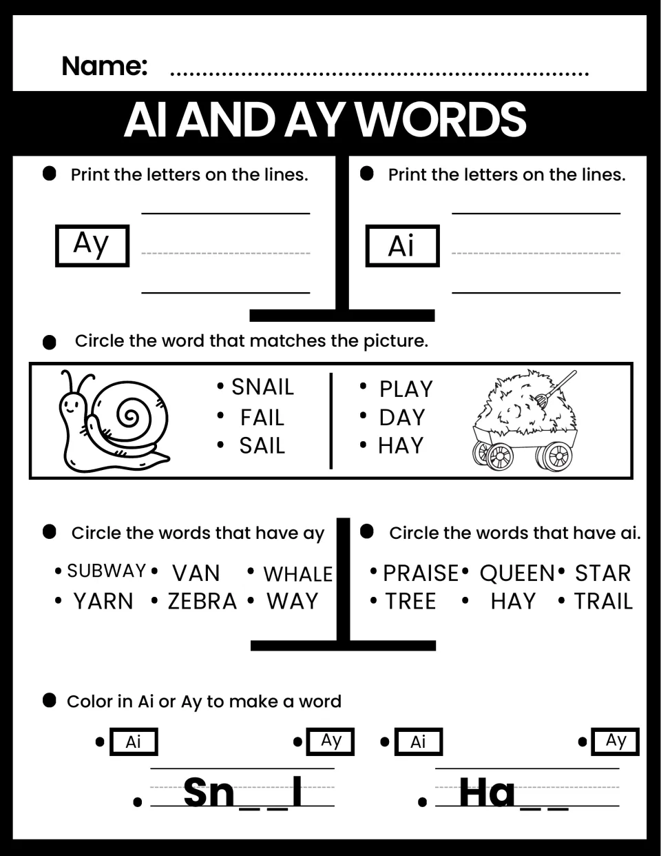 Ai and ay spelling: students match snail and hay pictures, spot subway, way, praise and trail, then complete Sn__l and Ha__
