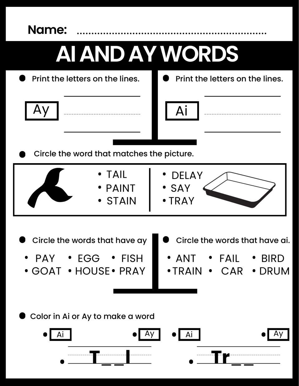 Ai and ay vowel team review: students match a whale tail and a tray, find pay, pray, fail and train, then fill in T__l