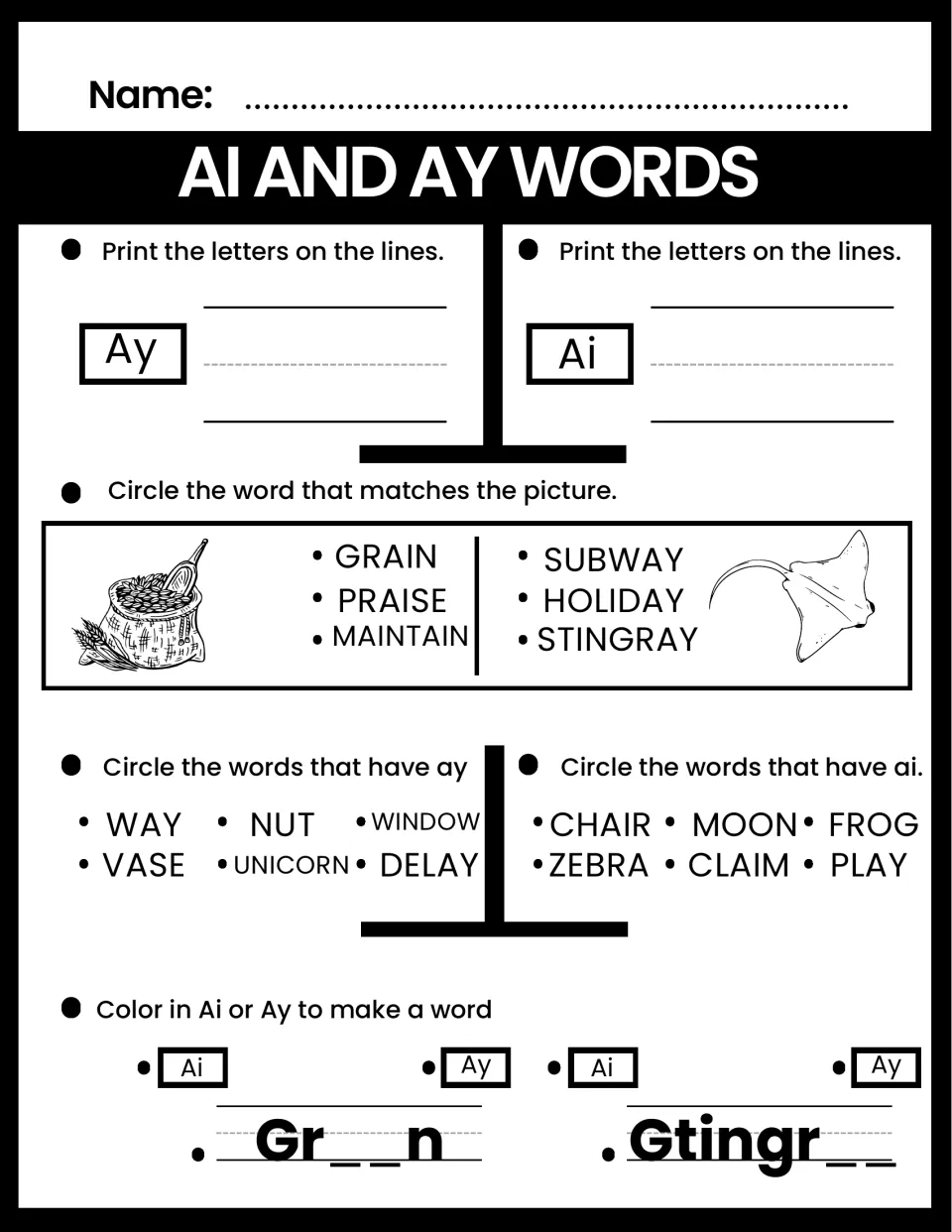 Ai and ay words: students match a grain sack and a stingray, pick out way, delay, chair and claim, then complete Gr__n