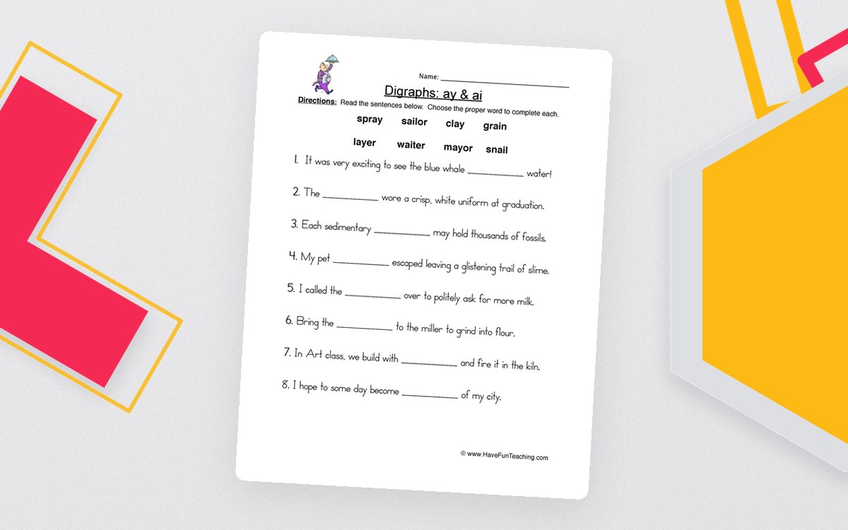 AI AY Digraphs Fill in Blanks Worksheet preview: Eight-word ai/ay vocabulary bank